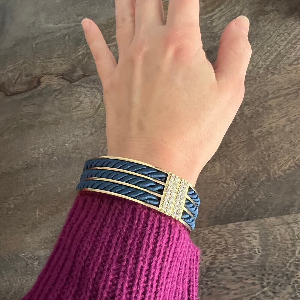 Ann Taylor Loft Blue Rope Rhinestone Studded Chunky Hinged Cuff Bangle Bracelet - Picture 4 of 7